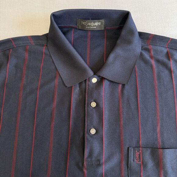 Vtg Yves Saint Laurent YSL 100% Silk Navy Red Stripe Polo Shirt Mens Approx. XXL - Picture 13 of 16